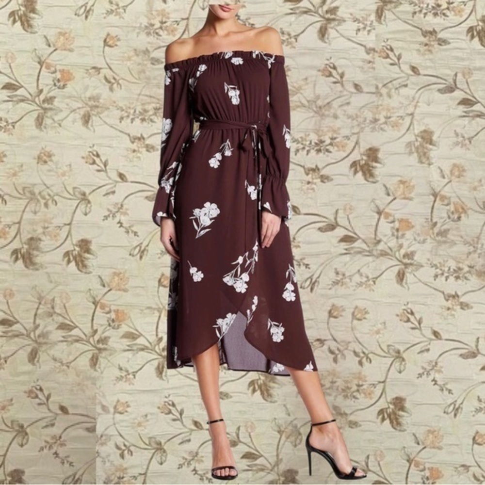 Off the shoulder flora wrap tie dress - Picture 3 of 3